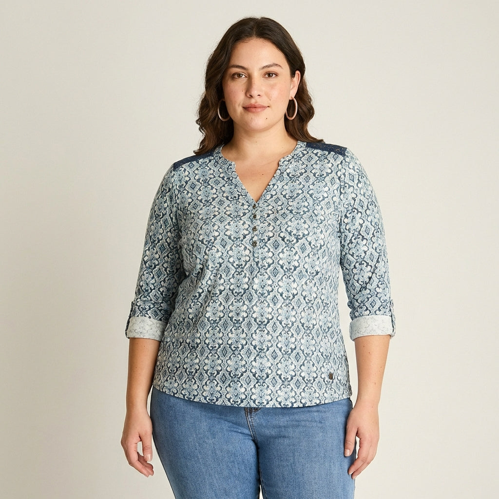 Polera Índigo Manga Larga con Detalle de Macramé